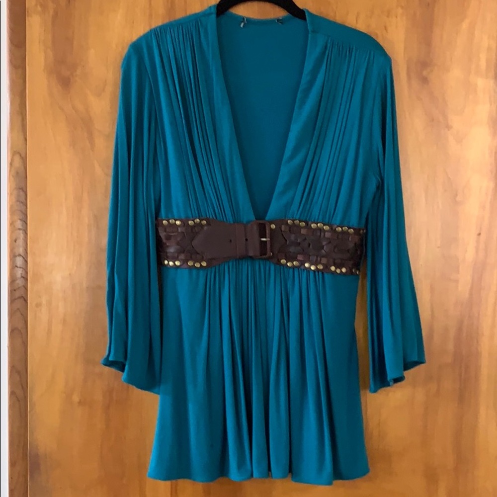 Teal color shirt with Leather Belt accent